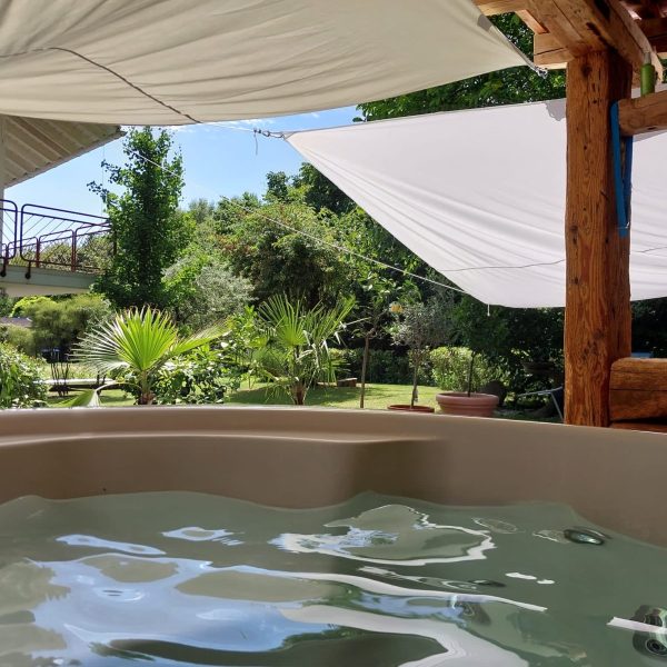 Waldlusti – Whirlpool im Sommer mit Aussicht auf den Garten